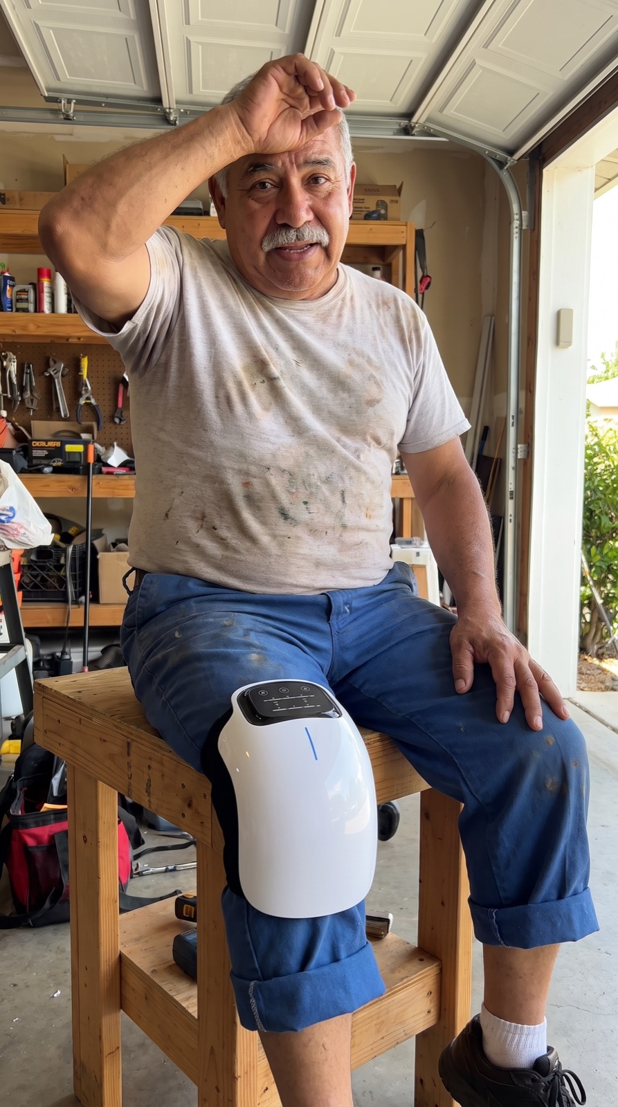 Couple sharing the RedGlow knee massager after yard work